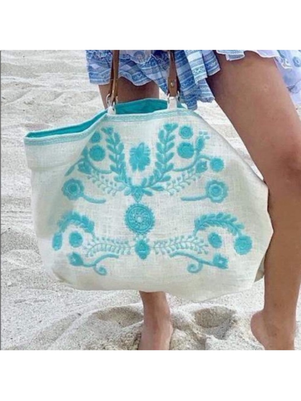 Hemp Straw Burlap Embroidered Turquoise Beach Tote Bag Debbie Katz Miami FLAWED
